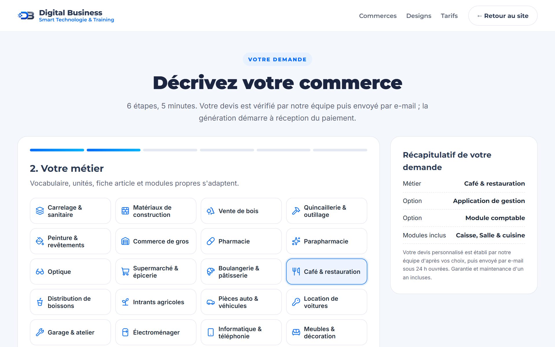 Formulaire de demande sur ordinateur : choix du métier