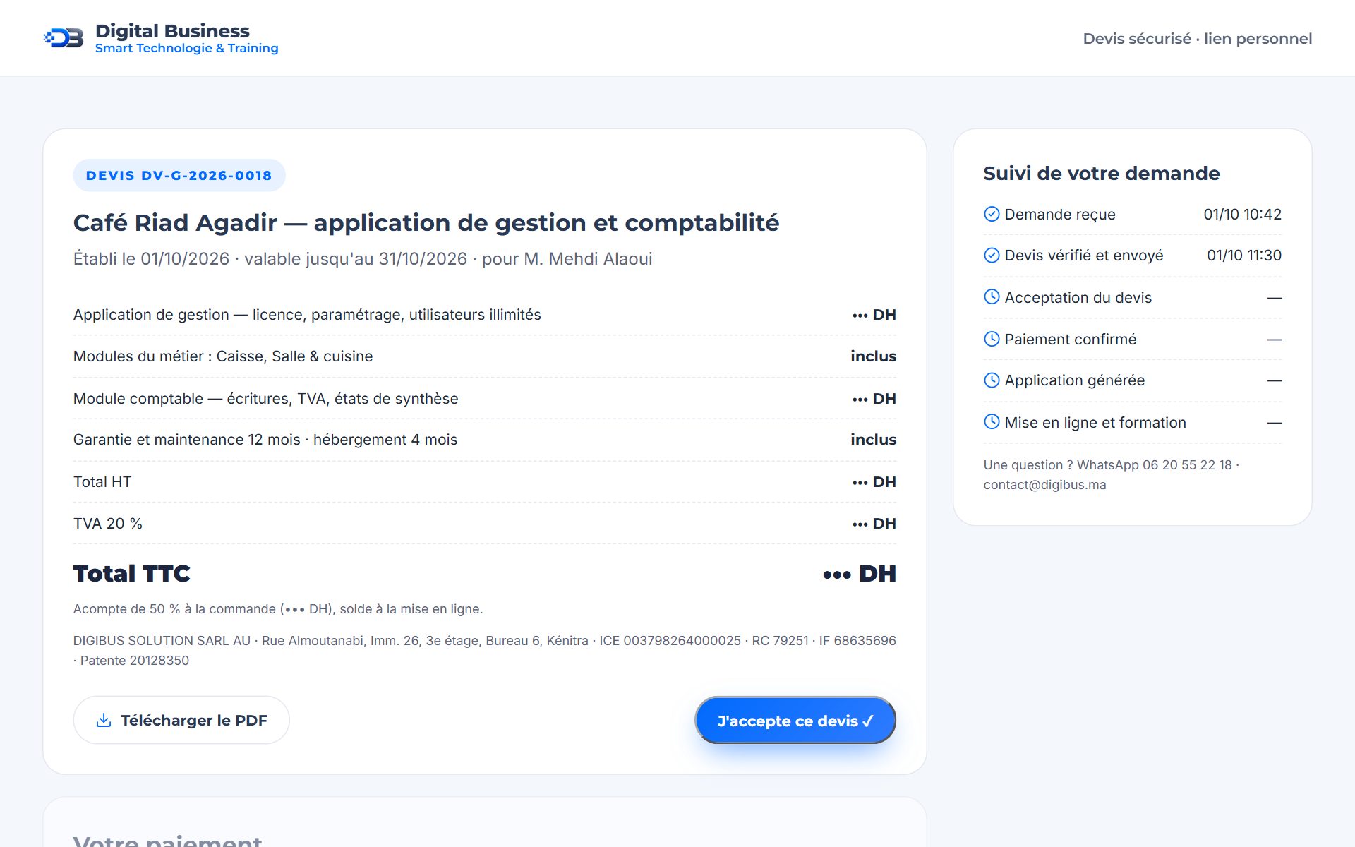 Page du devis : lignes, acceptation et paiement
