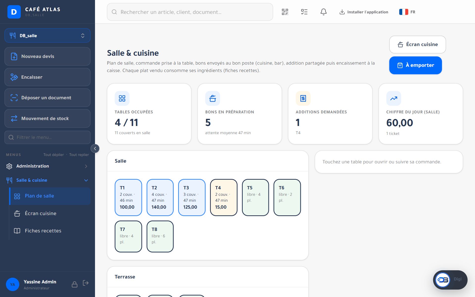 Application : plan de salle d'un café, tables occupées et additions